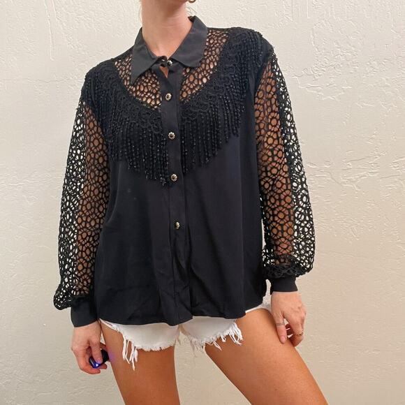 Vintage Black Crochet Fringe Western Style Button Up Top - Picture 3 of 8